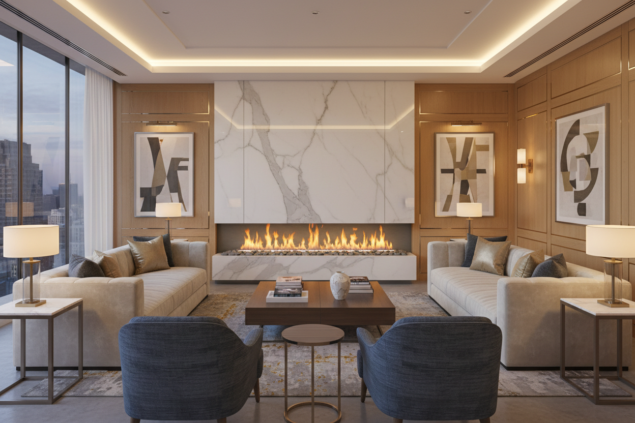 vapor water fireplace flame on in a luxury living room